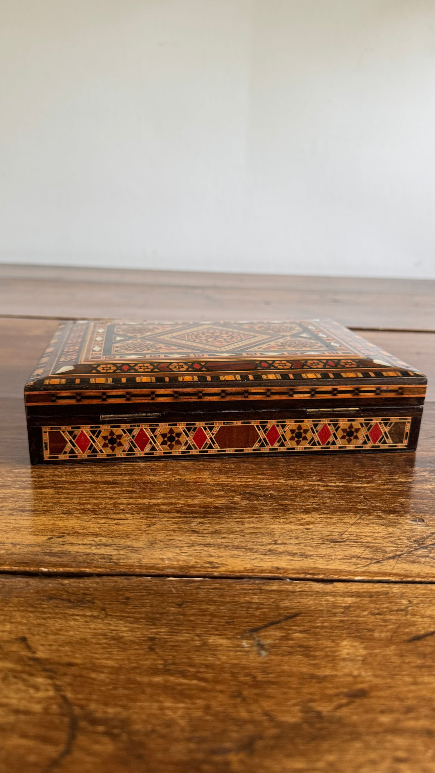 Vintage Inlay Box with Stunning Mother of Pearl Marquetry and Red Felt Inside