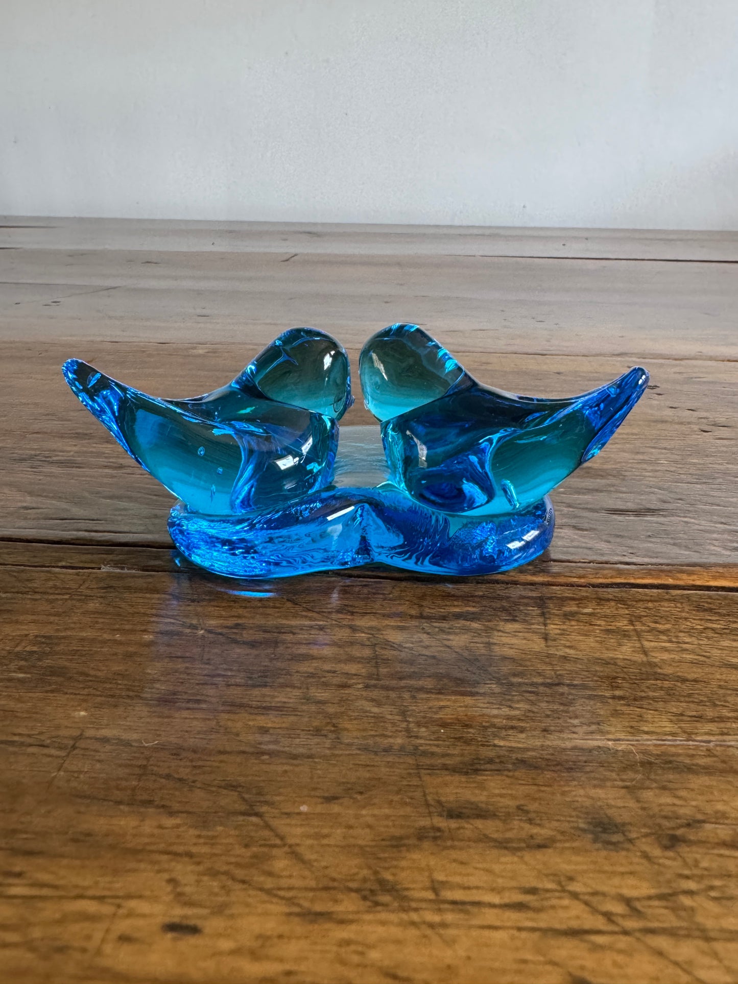 Vintage Glass Blue Birds of Happiness on Heart - Signed Paperweight
