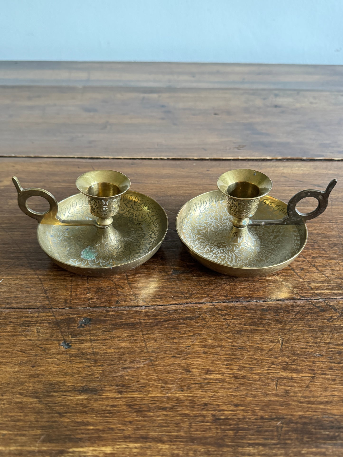 Vintage Brass Etched Floral Candle Holder Pair - Made in India