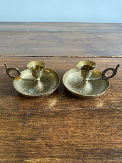 Vintage Brass Etched Floral Candle Holder Pair - Made in India