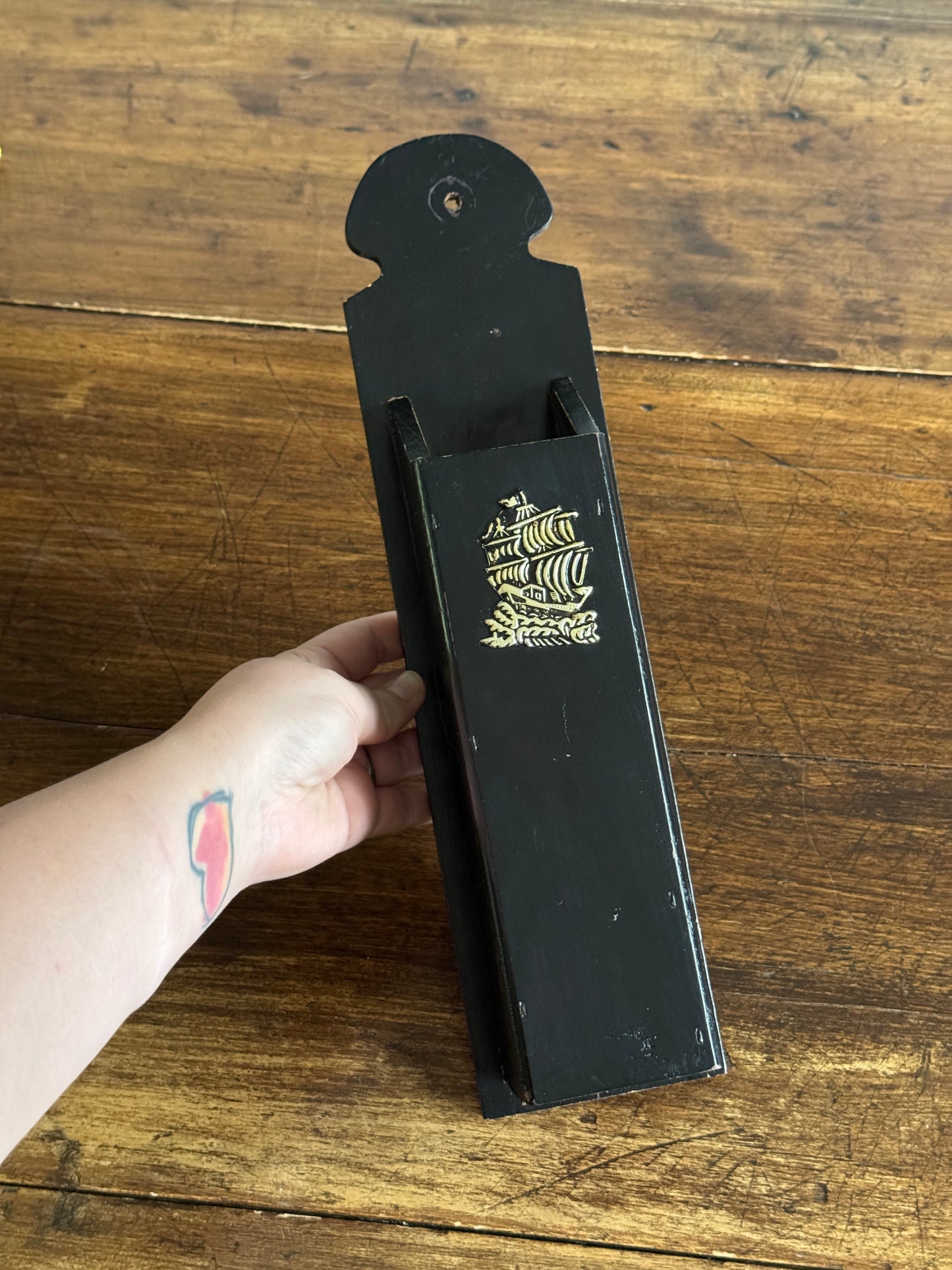 Wooden Nautical Long Match Holder with Ship Embellishment
