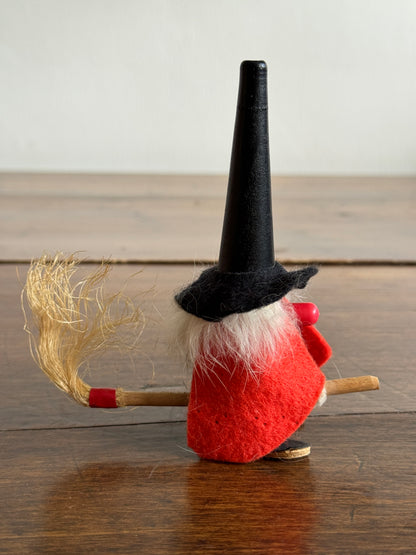 Witch Mini Wood Figurine with Tall Hat and Broom