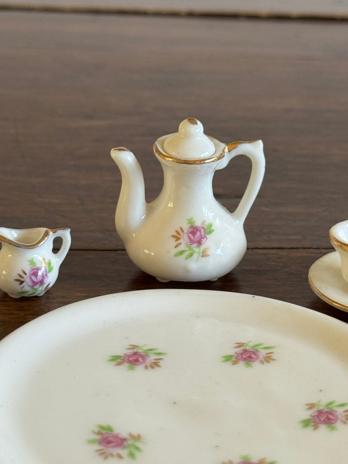 Vintage Unmarked Miniature Tea Set with Dainty Pink Flowers