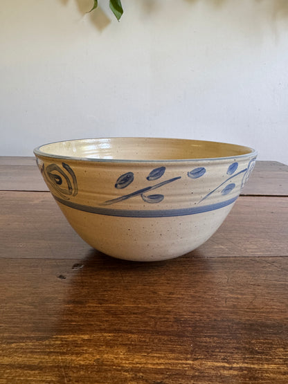 Blue and Cream Pottery Mixing Bowl with Lovely Flower Detailing
