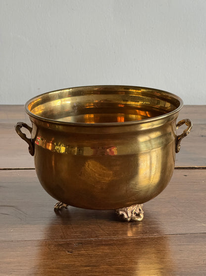 Vinage Brass Plant Pot with Ornate Feet and Handle Details - Made in India