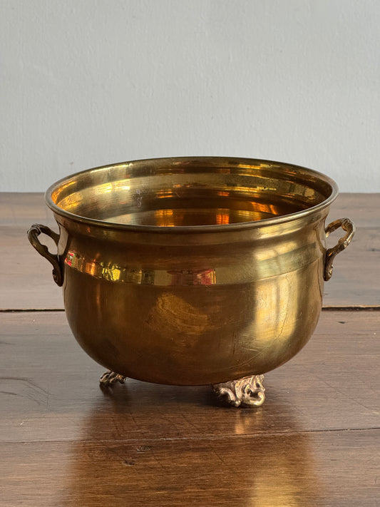 Vinage Brass Plant Pot with Ornate Feet and Handle Details - Made in India