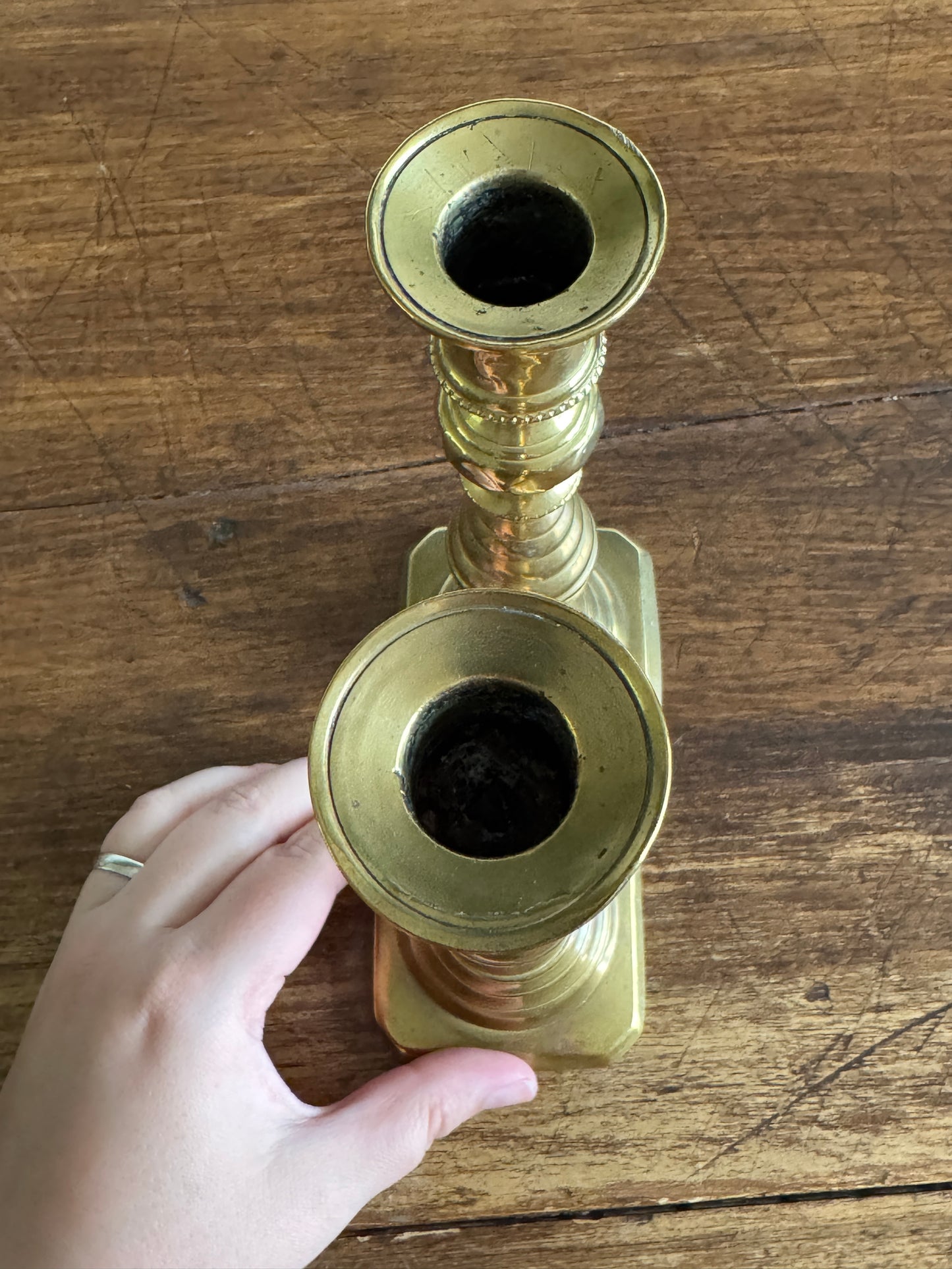 Vintage English Brass Candleholders Mixed Pair