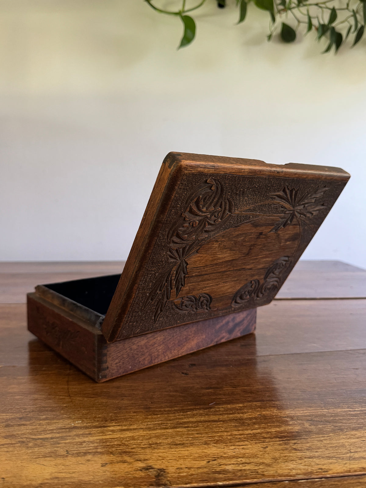 Antique Wood Carved Box with Floral Design and Deep Patina