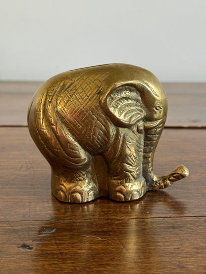 Vintage Brass Elephant Coin Bank - Lucky Trunk Up Elephant