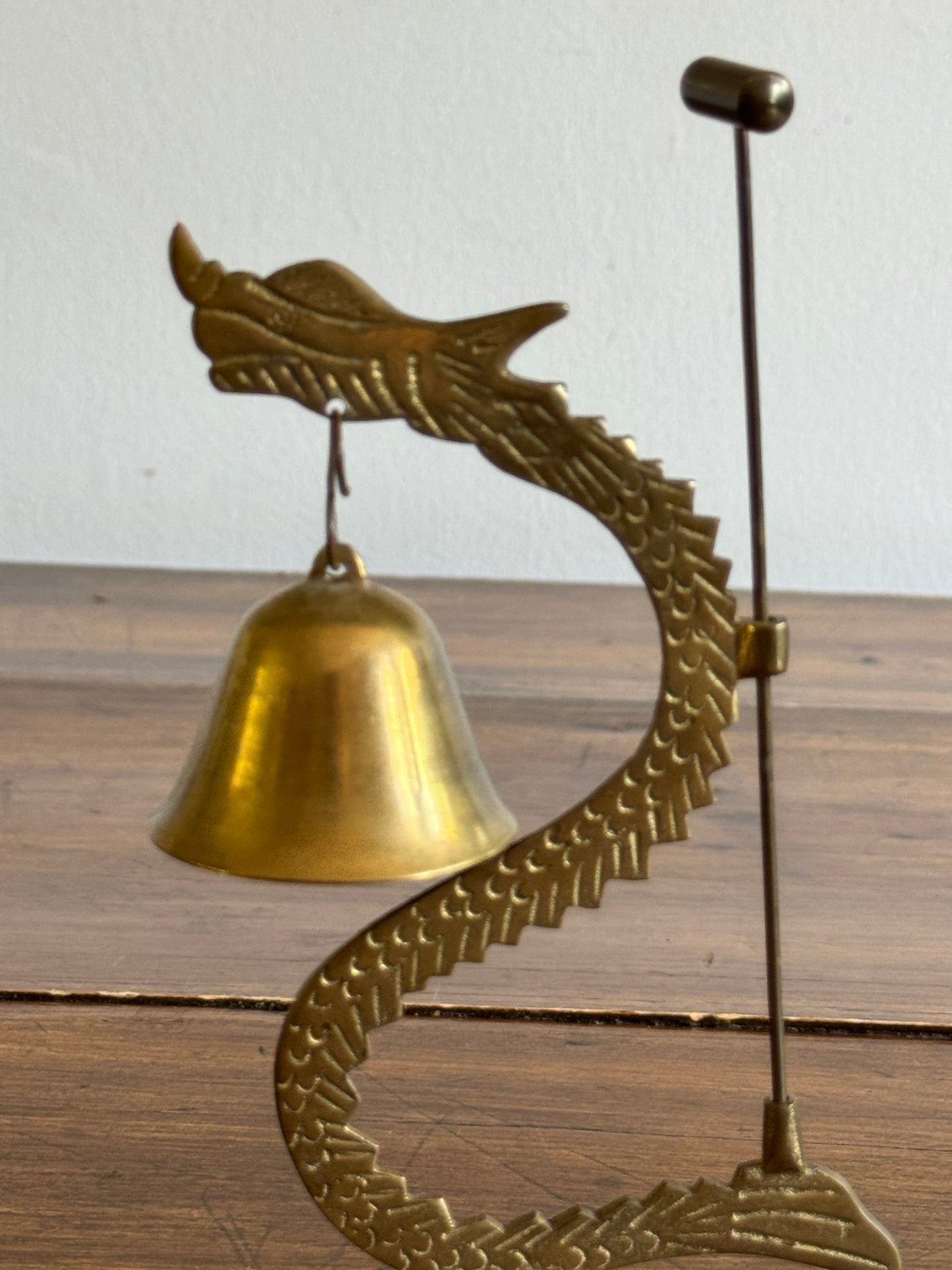 Vintage Brass Dragon Holding Bell with Small Hammer