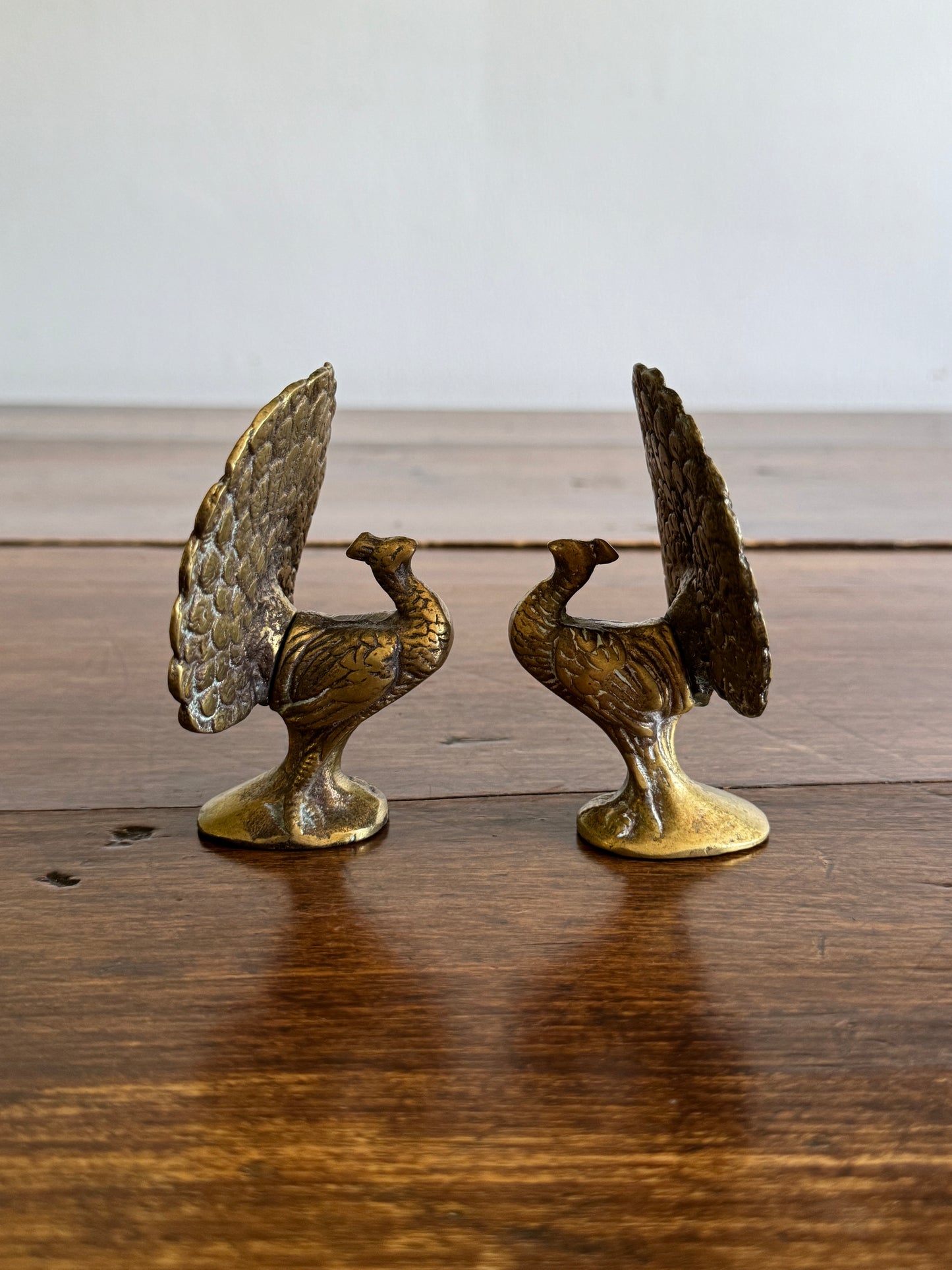 Vintage Pair of Brass Peacocks with Opened Fan Tail Feathers