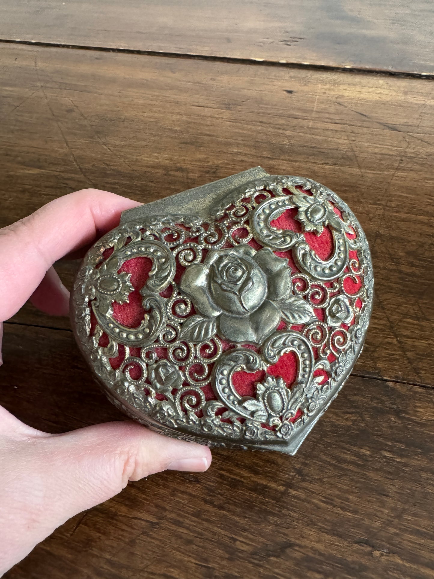 Small Vintage Heart Box with Ornate Metal Detailing Over Red Felt - Mini Trinket Box