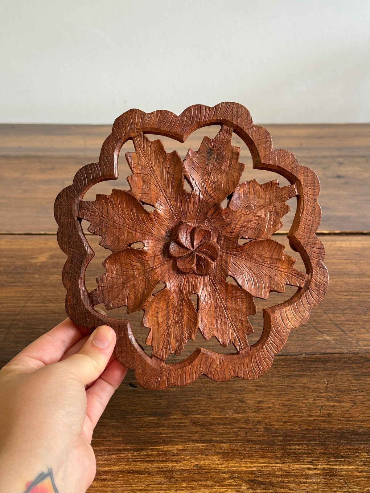 Wood Carved Trivet Raised Stand with Flower Pattern