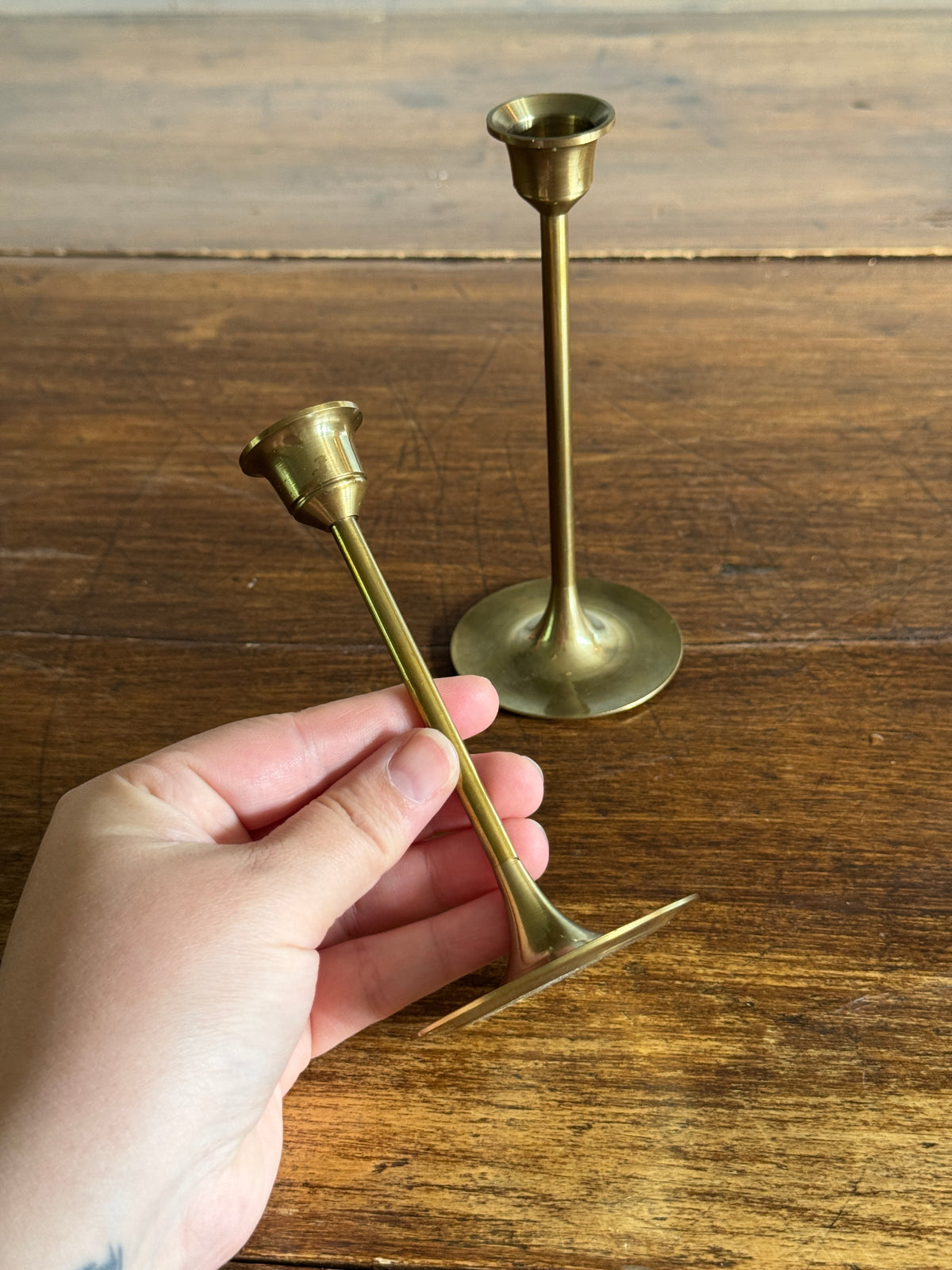 Pair of Two Brass Candles with Skinny Posts and Fluted Bottoms