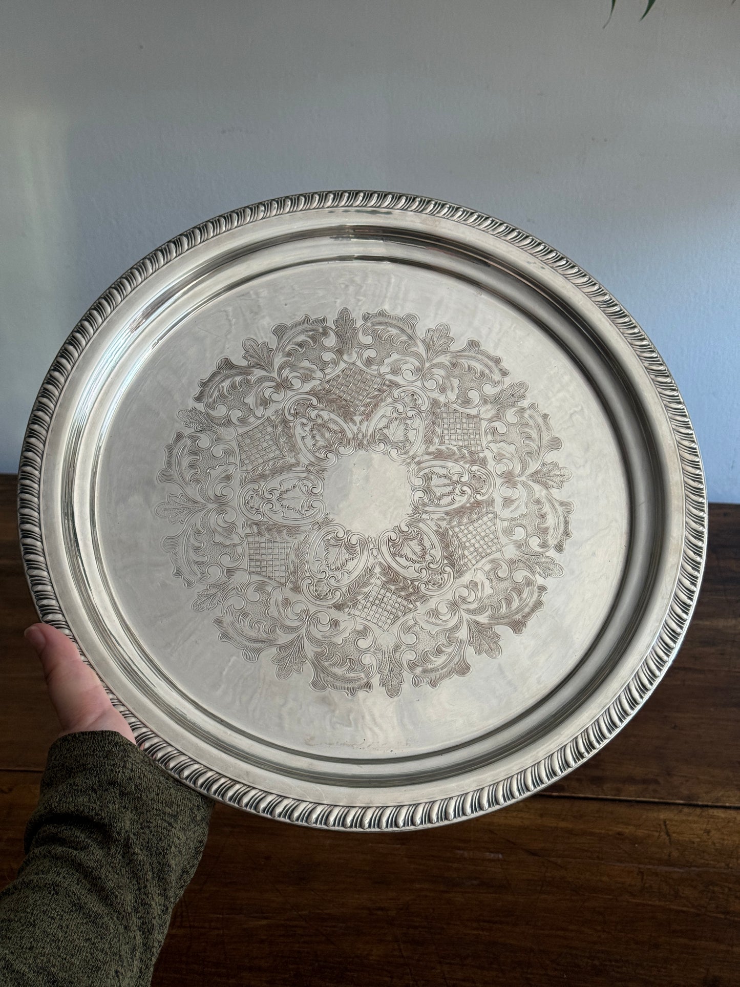 Large Vintage Viking Plate Silver E.P. on Copper Round Tray with Etched Detailing
