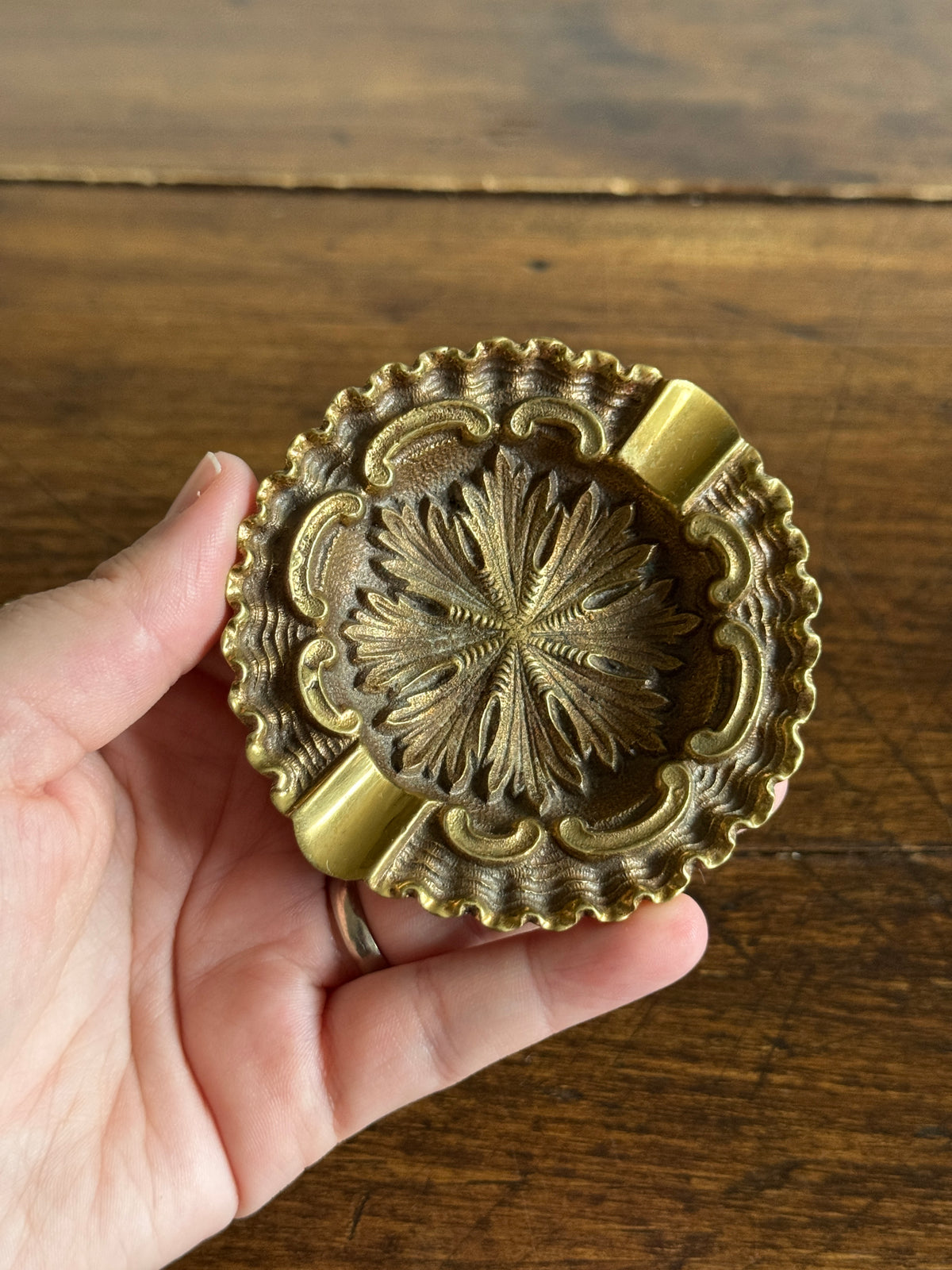 Two Heavy Ornate Brass Personal Sized Ashtrays with Stunning Scalloped and Flower Detailing