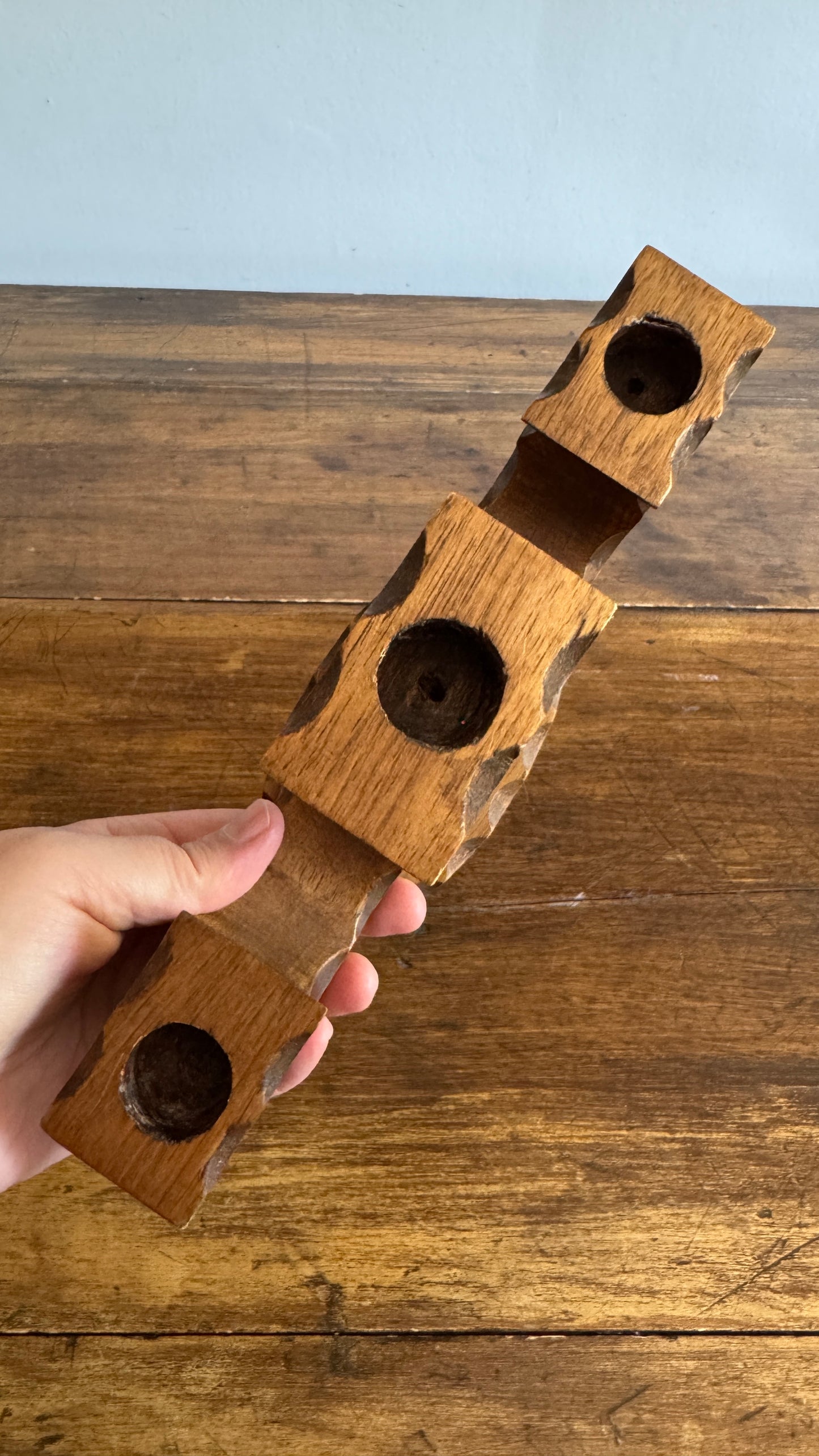 Vintage Wood Folk Art Carved Candelabra