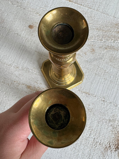 Vintage Pair of Brass Candlestick Holders with Push Up Base Design