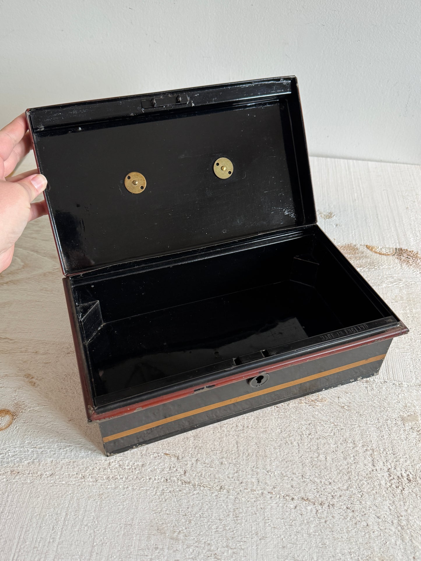 Vintage English Metal Cash Box - Storage Box with Lid - Made in England