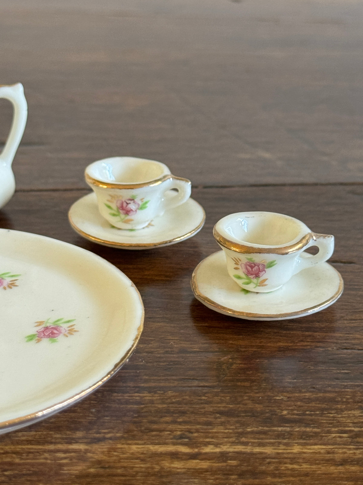 Vintage Unmarked Miniature Tea Set with Dainty Pink Flowers