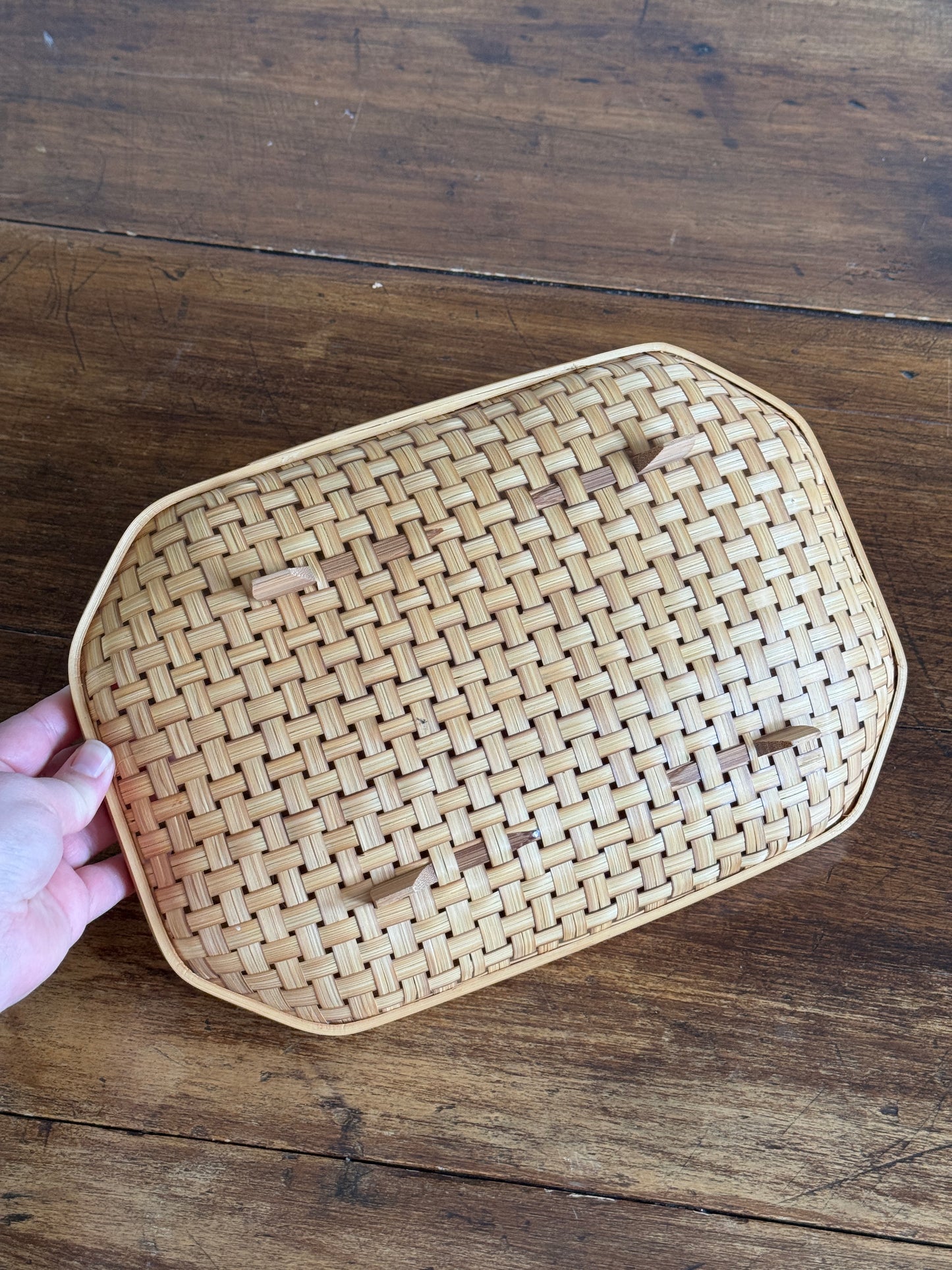 Woven Wicker Basket with Clipped Corners and Small Raised Feet
