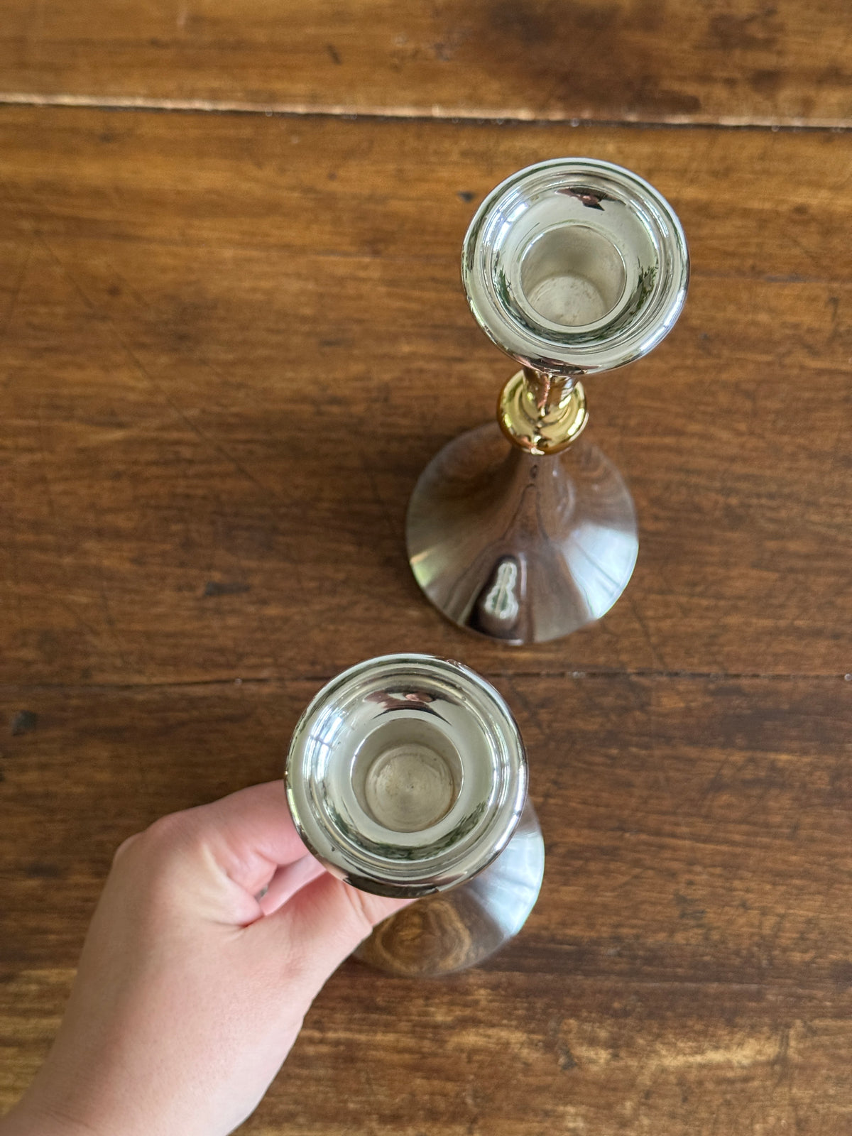 Pair of Vintage Dansk Silver-Plated and Brass Candlestick Holders - Modern Candle Holder Set of Two
