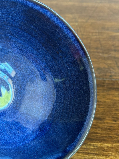 Hand Crafted Small Pottery Bowl with Leaf Design and Beautiful Blue Tones