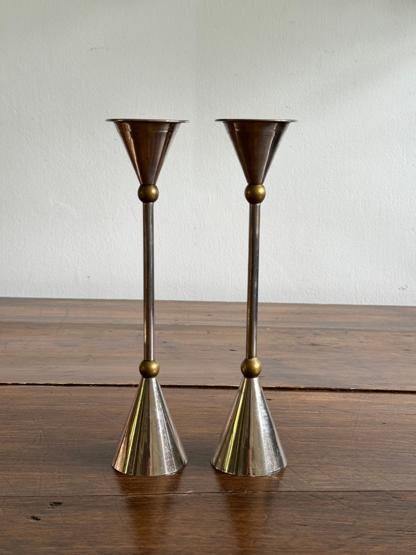 Vintage Pair of Memphis Design Style Candle Holders - Silver Tone with Brass Metal Candlestick Holders - Modernist Design