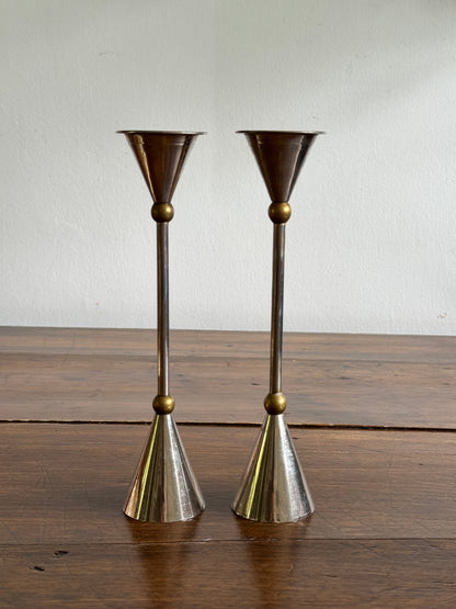 Vintage Pair of Memphis Design Style Candle Holders - Silver Tone with Brass Metal Candlestick Holders - Modernist Design