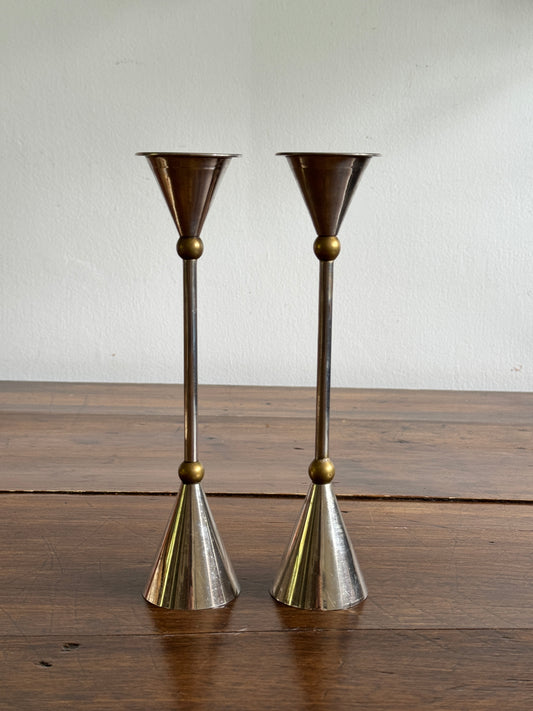 Vintage Pair of Memphis Design Style Candle Holders - Silver Tone with Brass Metal Candlestick Holders - Modernist Design
