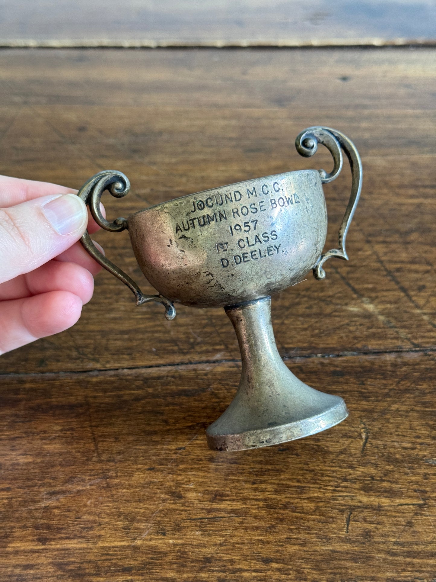Mini Metal Trophy Jocund Motorcycle Club Autumn Rose Bowl 1957 1st Class to D. Deeley