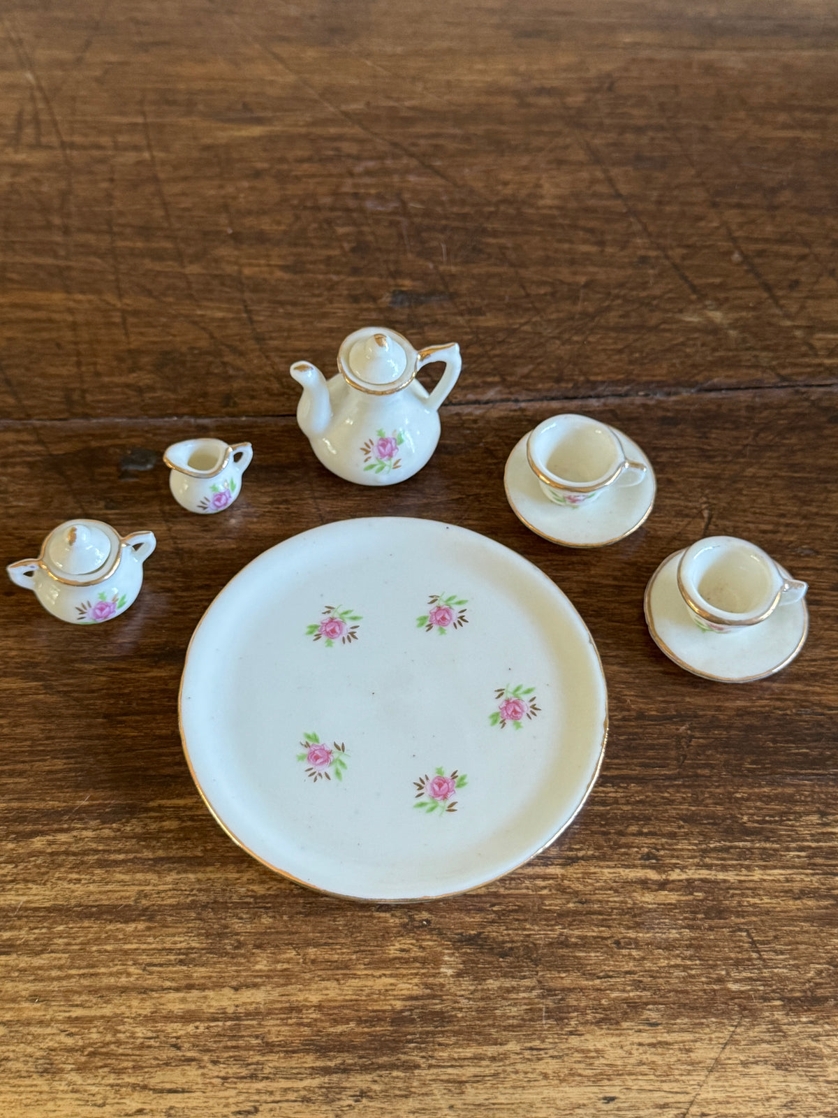 Vintage Unmarked Miniature Tea Set with Dainty Pink Flowers