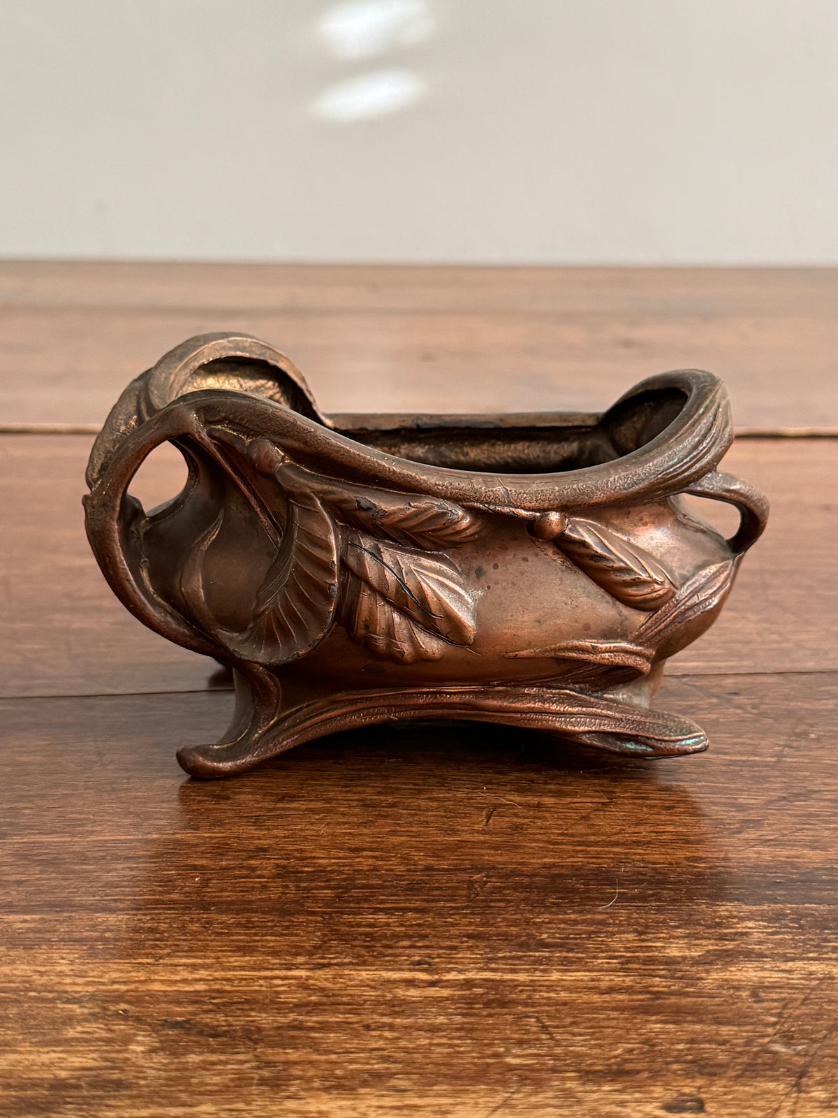Vintage Art Nouveau Style Ornate Copper-Tone Trinket Dish With Leaf Design