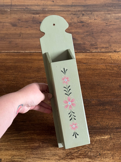 Wooden Painted Long Match Holder with Flower Embellishment