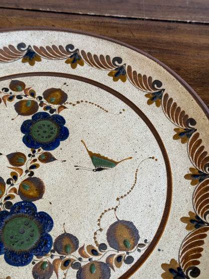 Vintage Large Mexico Pottery Plate with Flower and Bird Painting