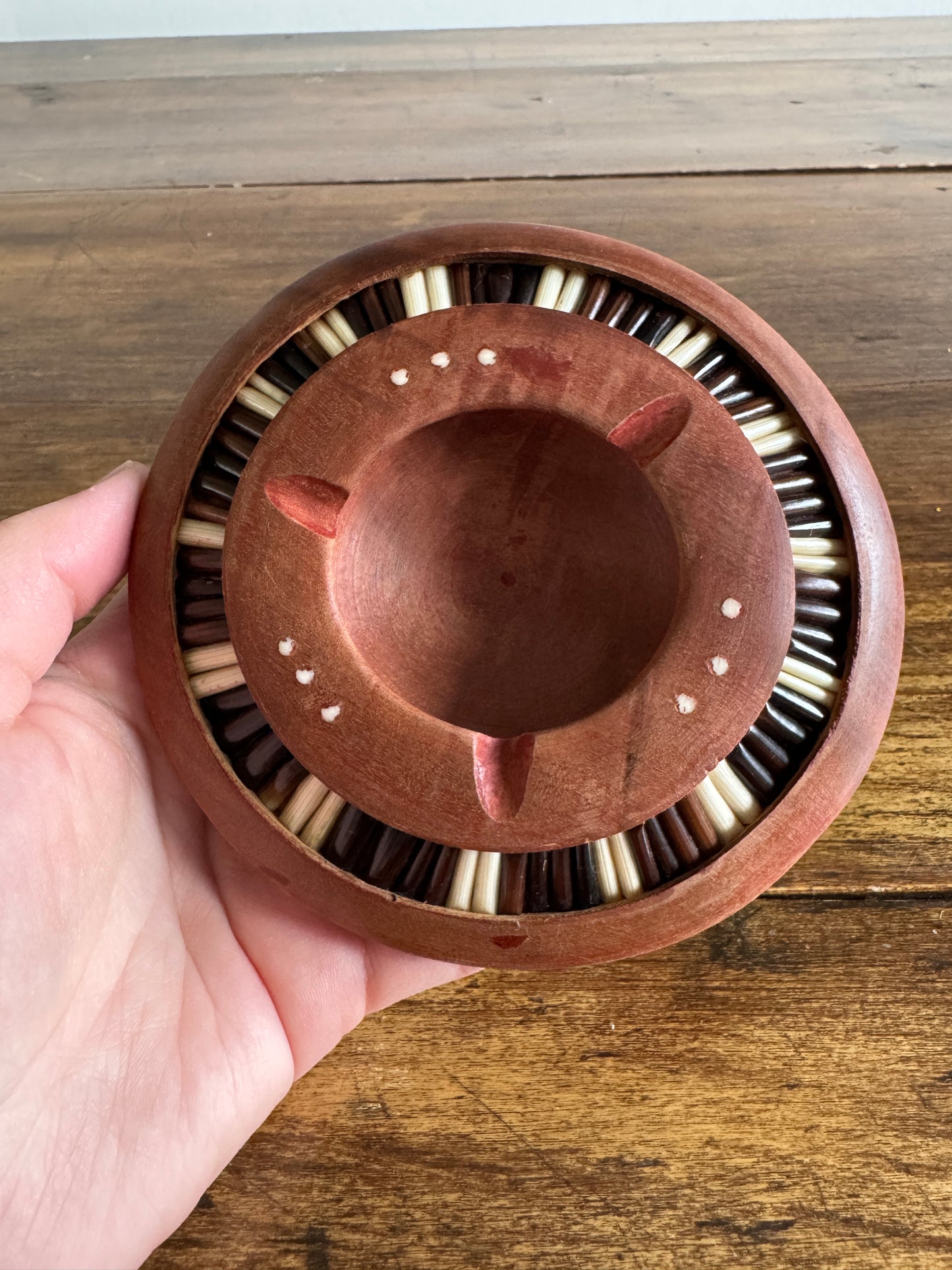 Vintage Wood Inlay Ashtray with Decorative African Porcupine Quill and Bone Design