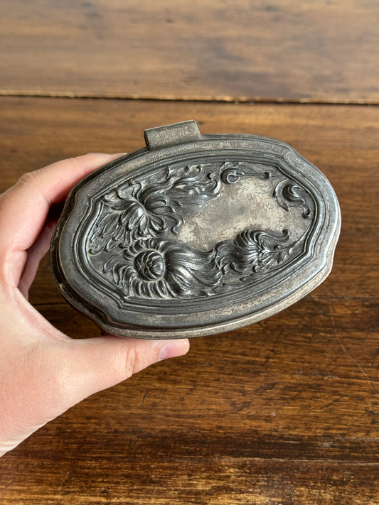 Vintage Art Nouveau DS. Co Pewter Silver-Tone Trinket Box with Floral Hinged Lid