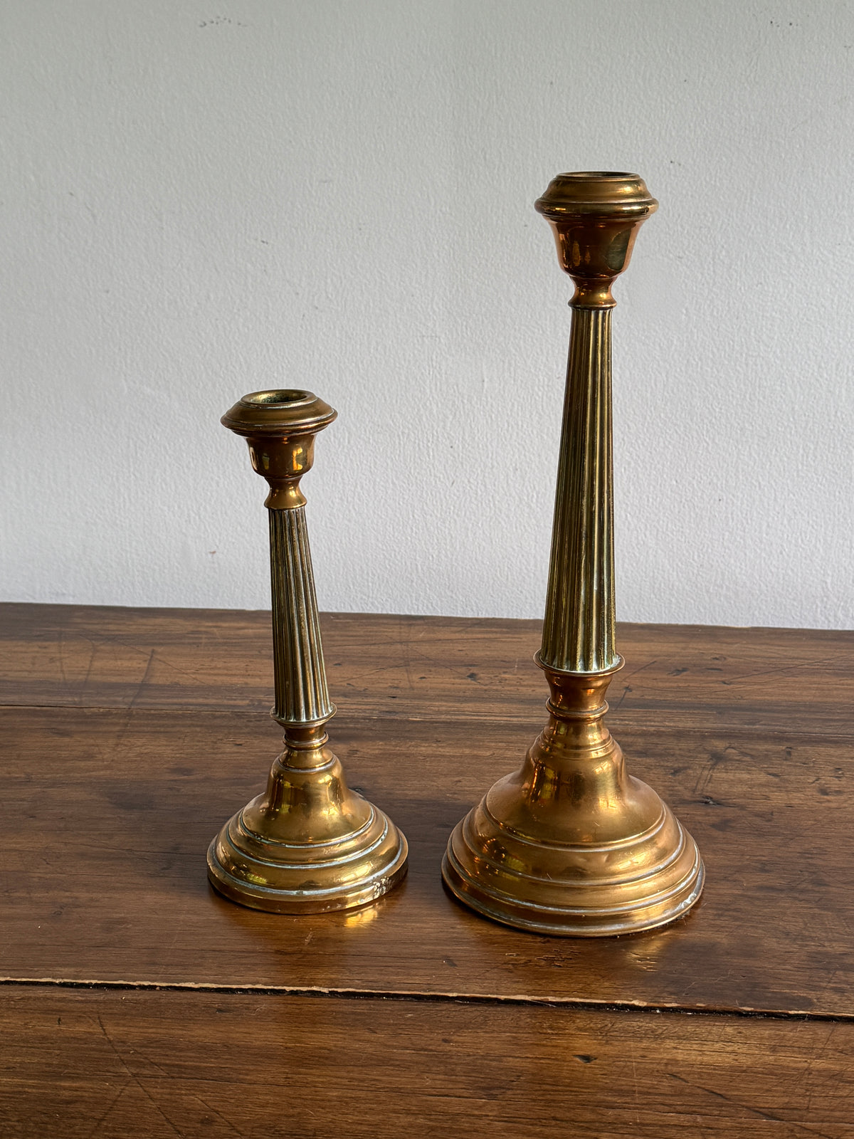 Vintage Pair of Brass Candlestick Holders with Ribbed Post and Weighted Bases