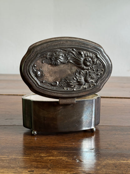 Vintage Art Nouveau DS. Co Pewter Silver-Tone Trinket Box with Floral Hinged Lid