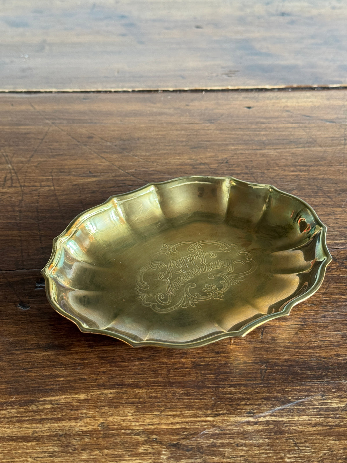 Vintage Brass Anniversary Tray - Happy Anniversary Engraved Dish