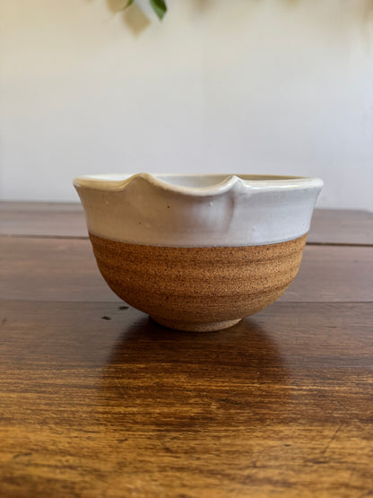 Brown and White Pottery Bowl with Pour Spout