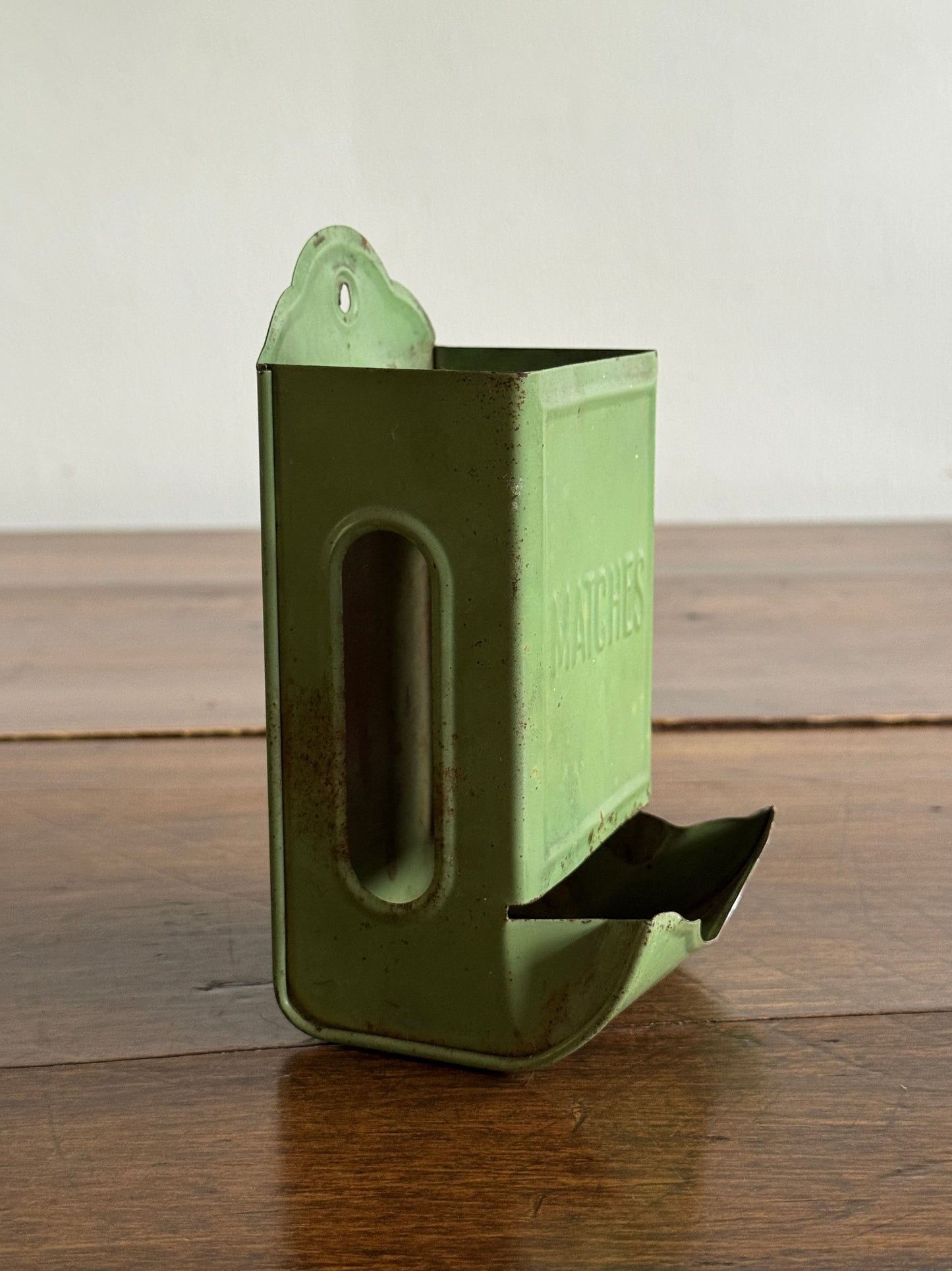 Vintage Painted Light Green Metal Small Match Holder