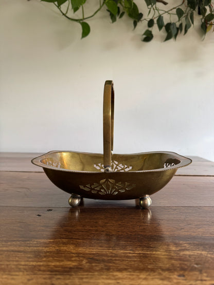 Vintage Cutout Brass Bowl with Handle and Small Ball Feet