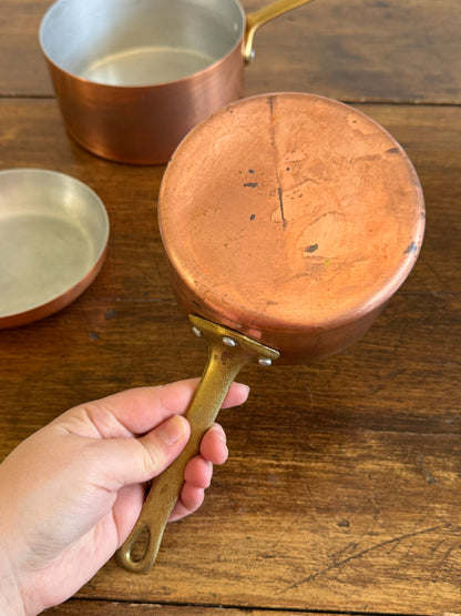 Vintage Three Piece Copper and Brass Pots and Pan Set
