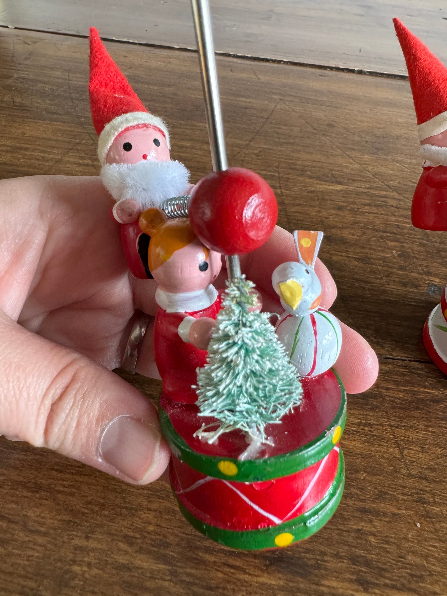 Two Wood Ornaments with Moveable Santa Figurine and Base Figurines - Made in Taiwan