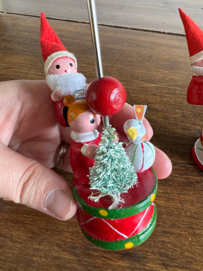 Two Wood Ornaments with Moveable Santa Figurine and Base Figurines - Made in Taiwan