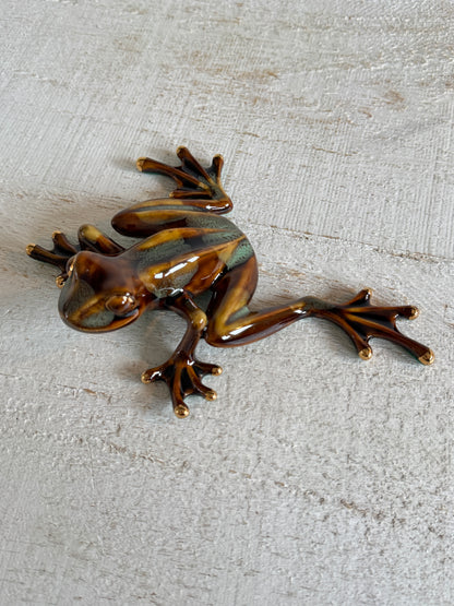 Vintage Pottery Frog with Large Feet - Gold and Green Glazed Frog Figurine