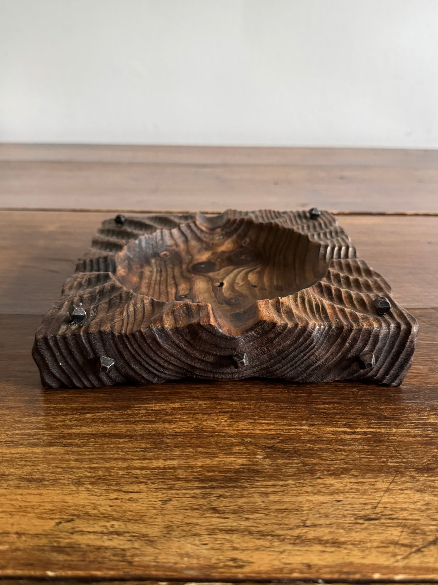 Rustic Wood Ashtray or Catchall Bowl with Metal Nail Accents