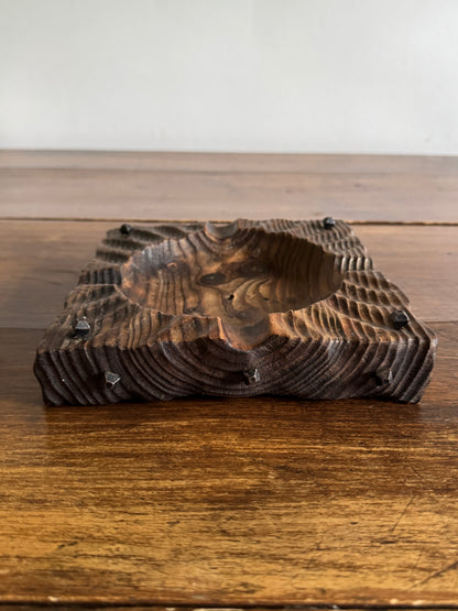 Rustic Wood Ashtray or Catchall Bowl with Metal Nail Accents