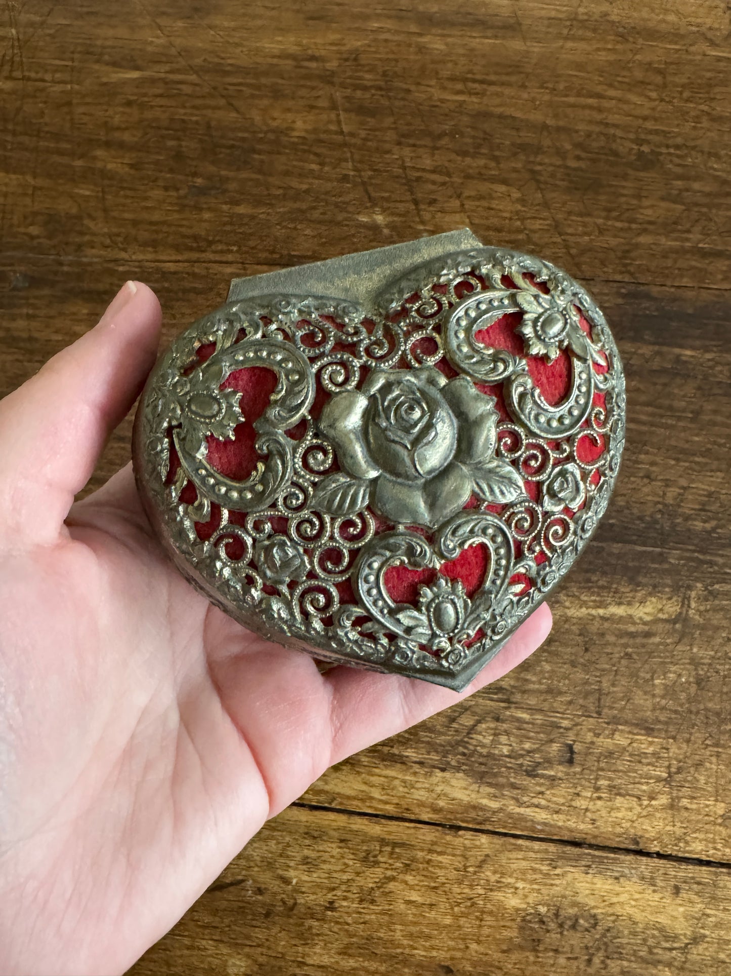 Small Vintage Heart Box with Ornate Metal Detailing Over Red Felt - Mini Trinket Box